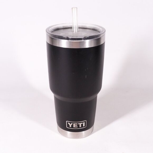 Yeti Black Silver Stainless Steel Tumbler Coffee Travel Mug Cup w/ Lid & Straw - Picture 1 of 9